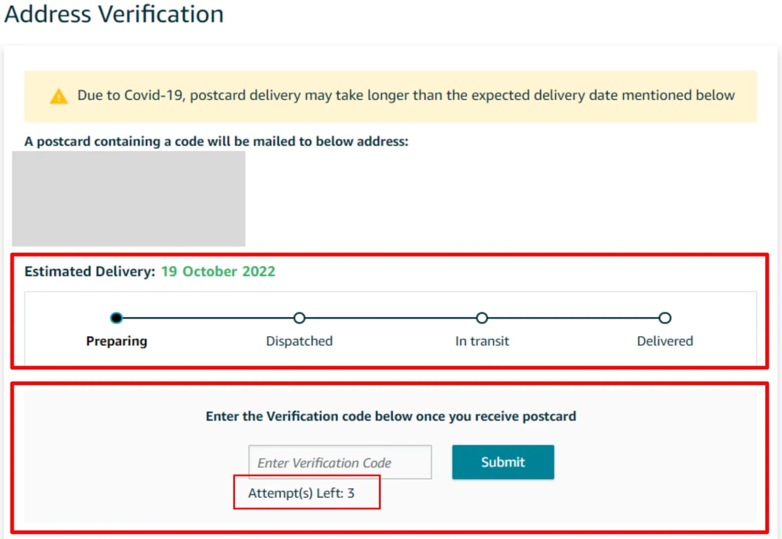 Amazon Address Verification page stating a postcard containing a code will be mailed, an estimated delivery date with a Preparing, Dispatched, In transit, Delivered tracker, and a verification code box with Attempts left: 3