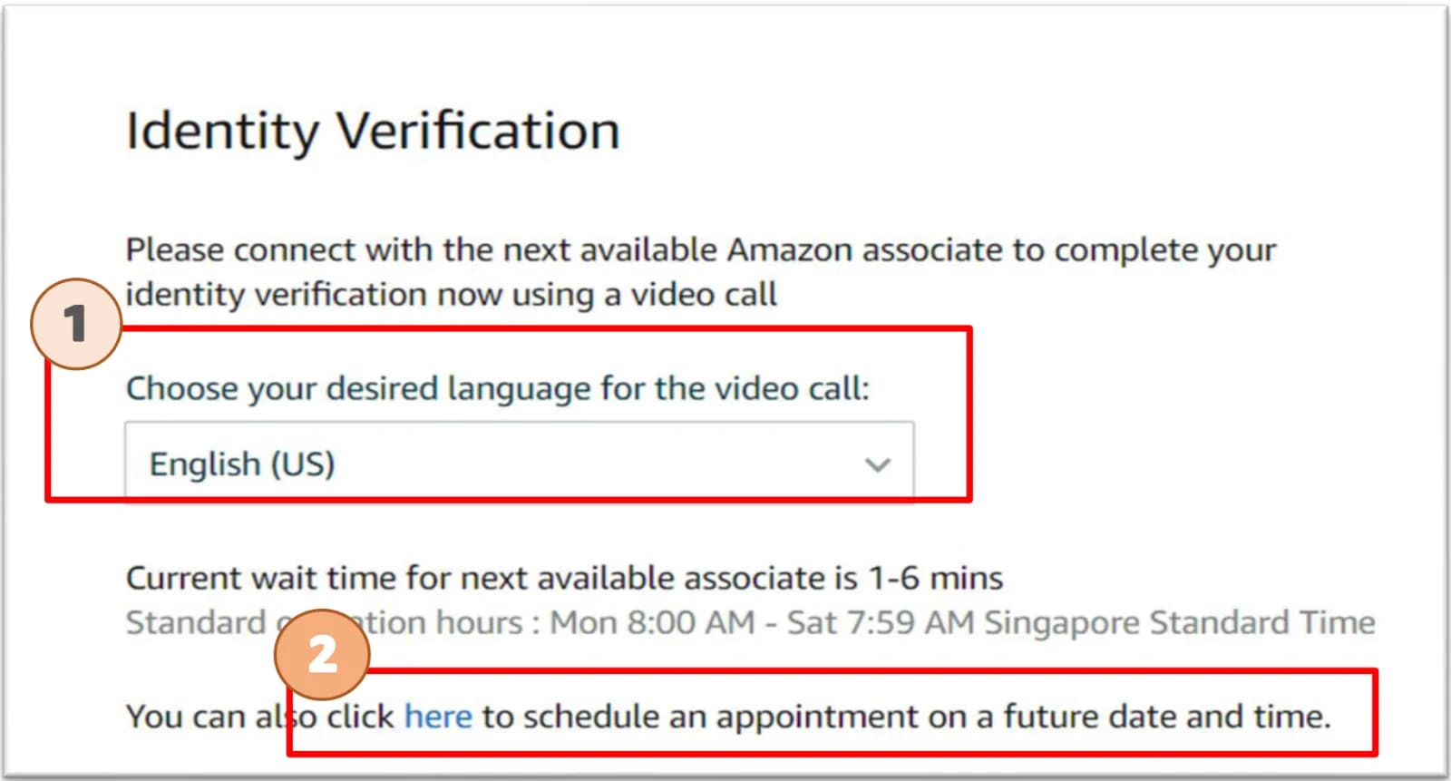 Amazon Identity Verification screen asking the seller to connect with the next available Amazon associate by video call, with a language dropdown set to English (US), the current wait time and a link to schedule an appointment