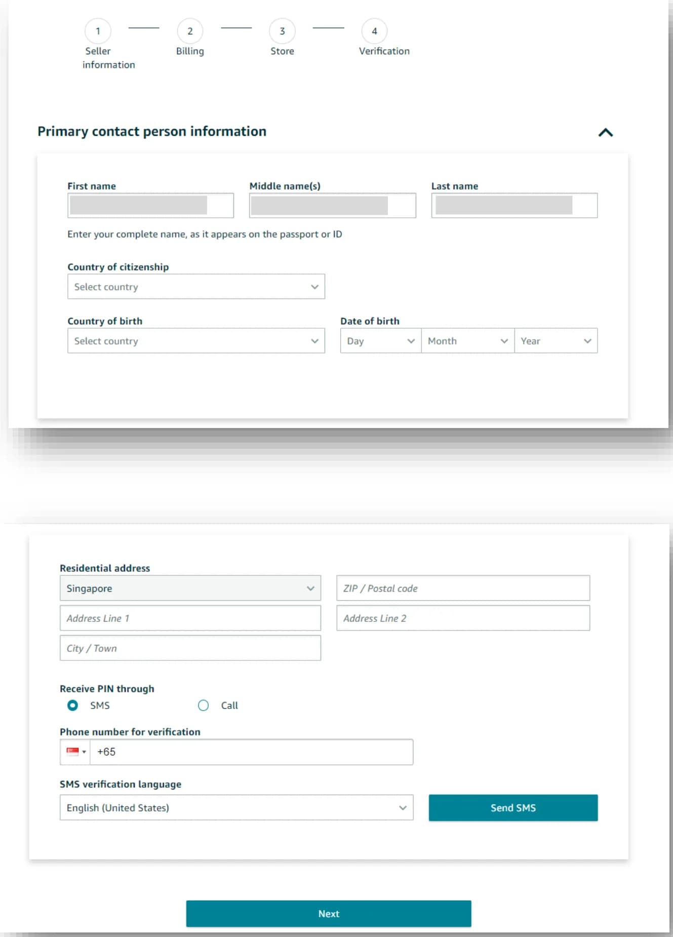 Amazon Seller Central registration form "Primary contact person information" with first, middle and last name, country of citizenship, country of birth, date of birth, residential address fields and an SMS PIN phone verification