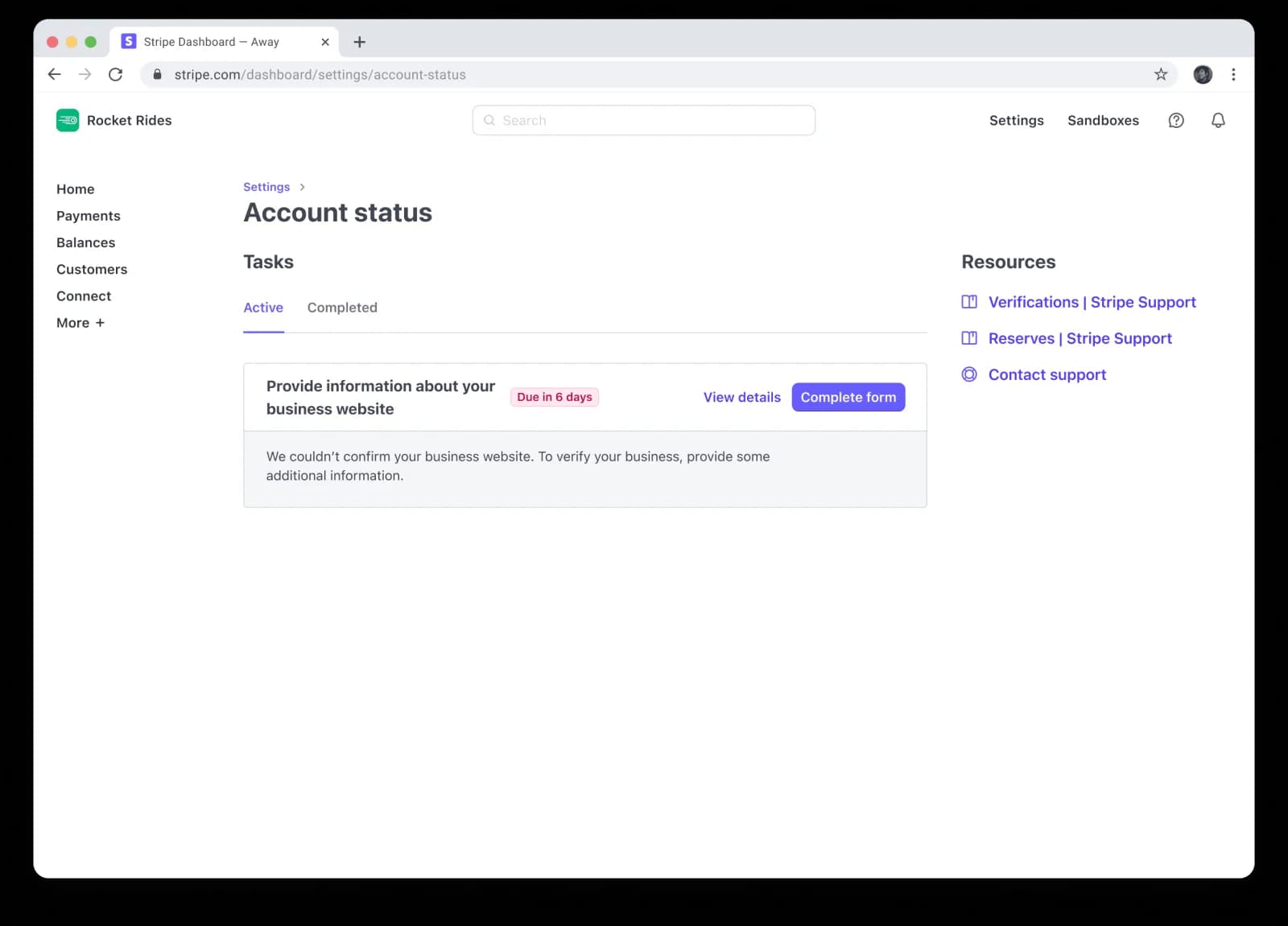 Stripe Dashboard Account status page listing a task "Provide information about your business website" with a red Due in 6 days badge and a Complete form button