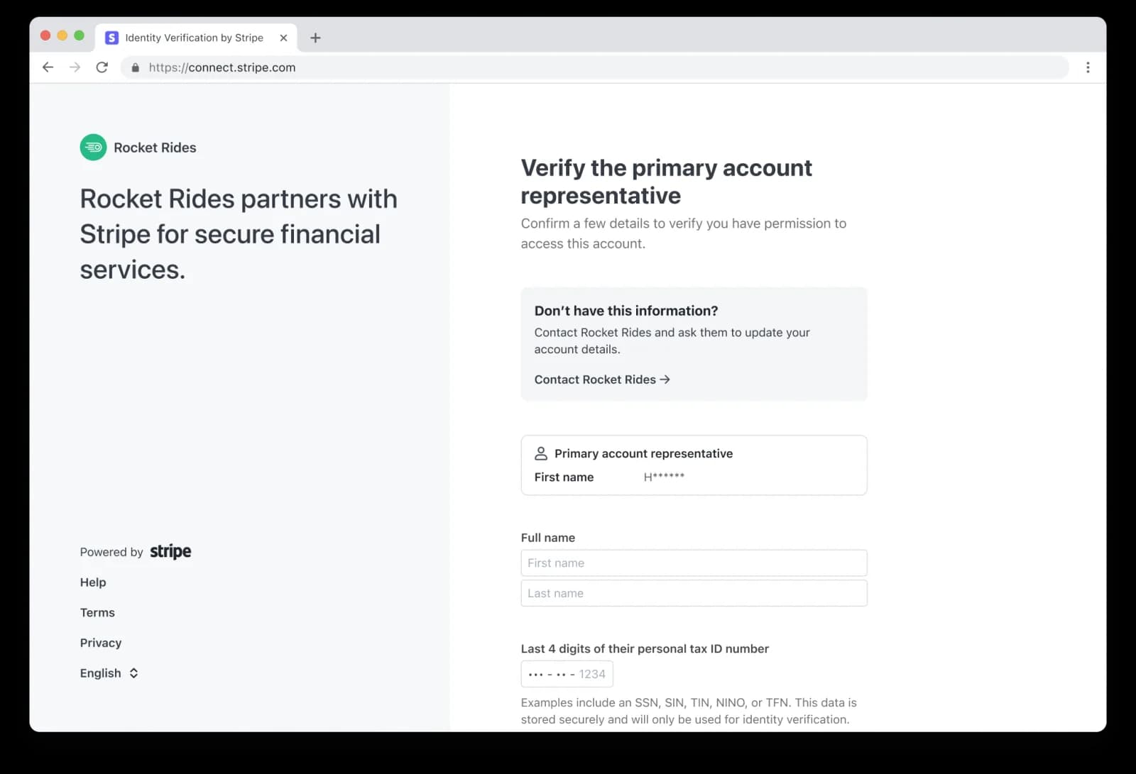 Stripe form "Verify the primary account representative" asking for full name and the last 4 digits of their personal tax ID number