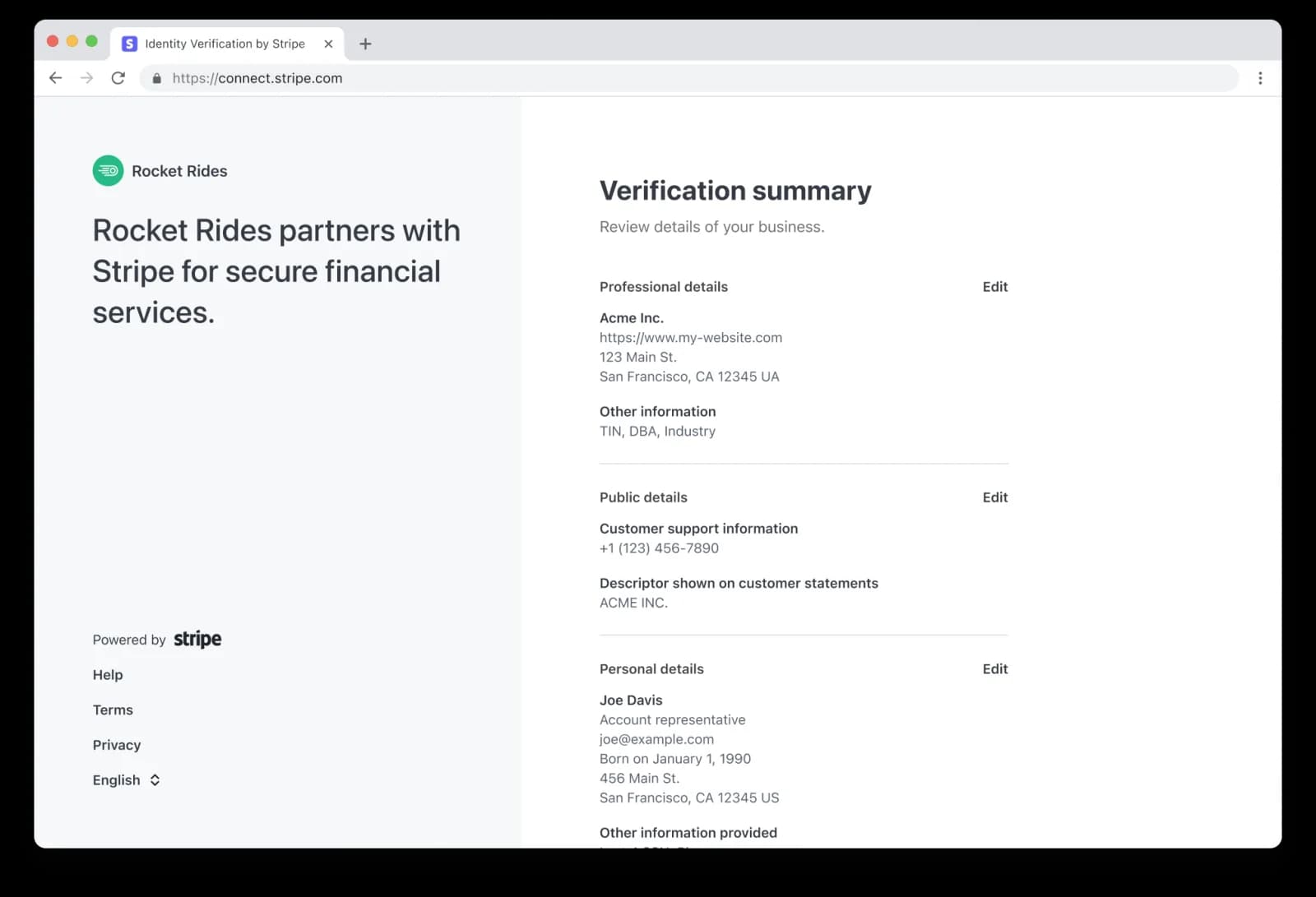 Stripe Verification summary screen with Professional details, Public details including customer support phone and statement descriptor, and Personal details