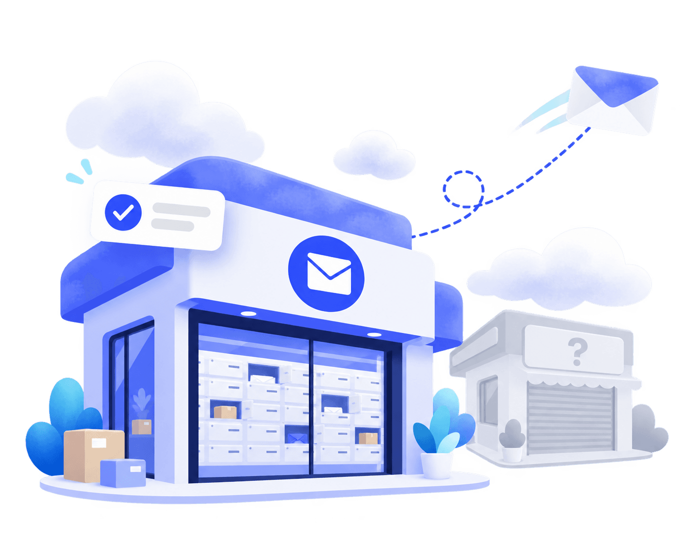 A Virtual Mail Hub mail center with its own branded storefront and rows of mailboxes, next to an anonymous grey storefront with a question mark on its sign