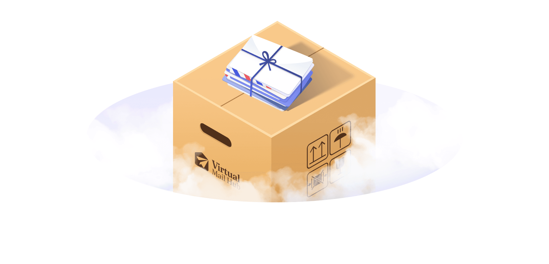 A parcel resting on clouds with a bundle of letters tied on top of it