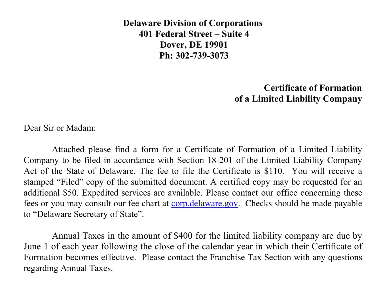Delaware Division of Corporations cover letter stating the $110 filing fee for a Certificate of Formation and annual taxes of $400 due by June 1