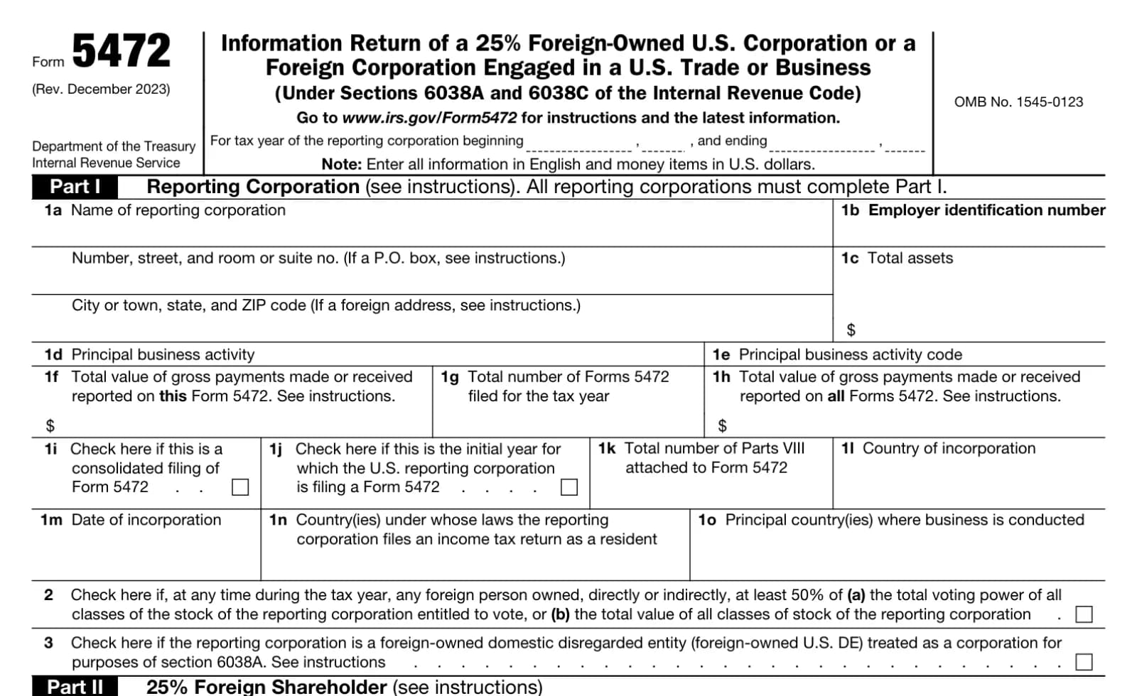 Top of blank IRS Form 5472, Information Return of a 25% Foreign-Owned U.S. Corporation or a Foreign Corporation Engaged in a U.S. Trade or Business, Part I