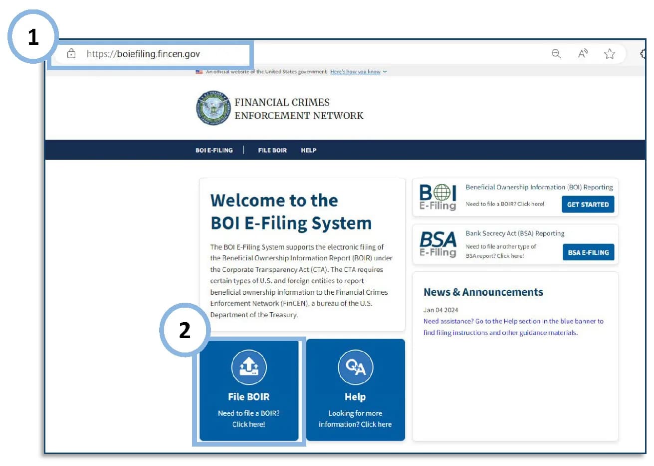The BOI E-Filing System home page at boiefiling.fincen.gov with a Welcome to the BOI E-Filing System panel and File BOIR and Help buttons.