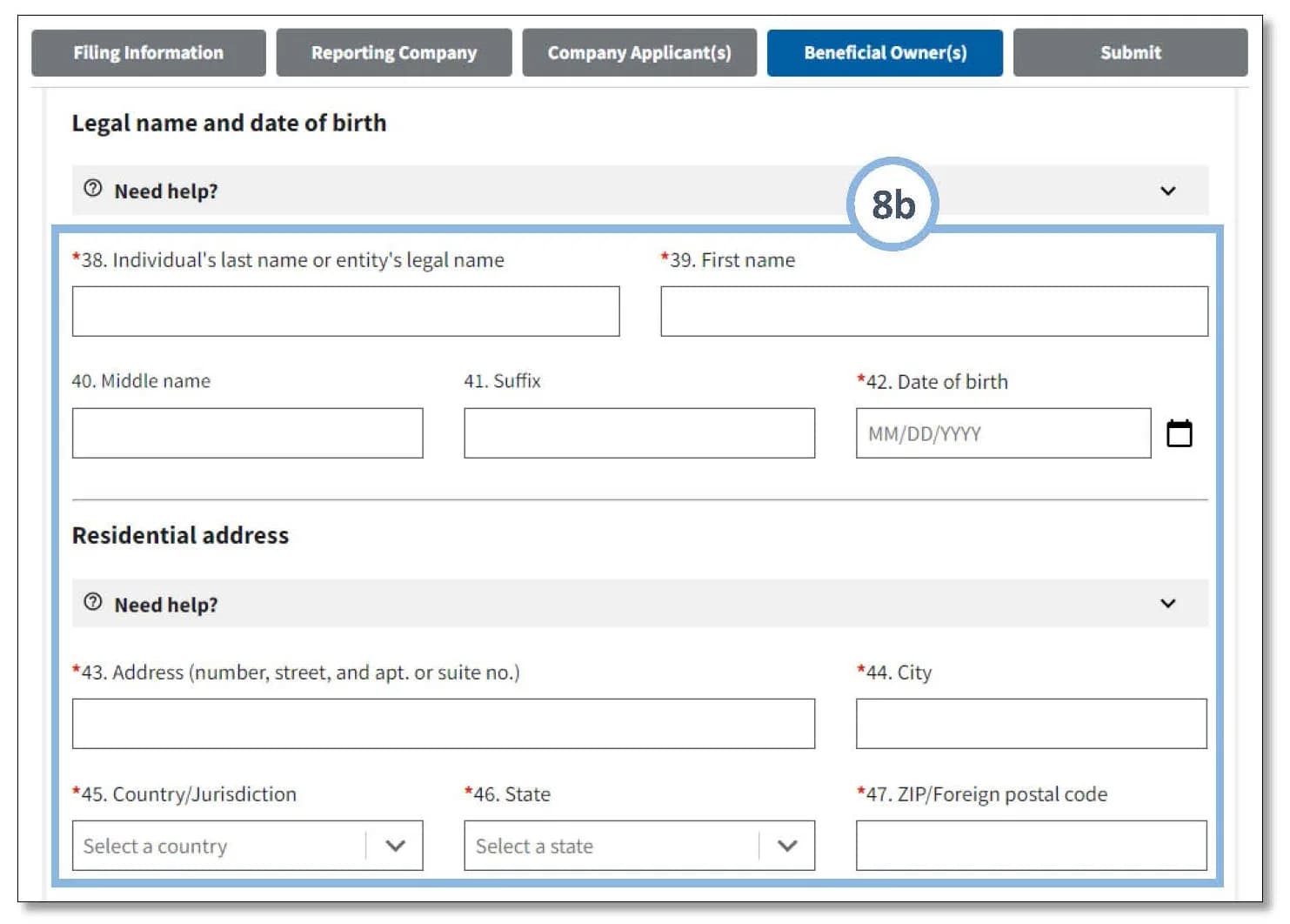 FinCEN BOIR online form, Beneficial Owner(s) tab, with fields for last name, first name, middle name, suffix, date of birth, and a residential address block with street, city, country or jurisdiction, state and postal code.