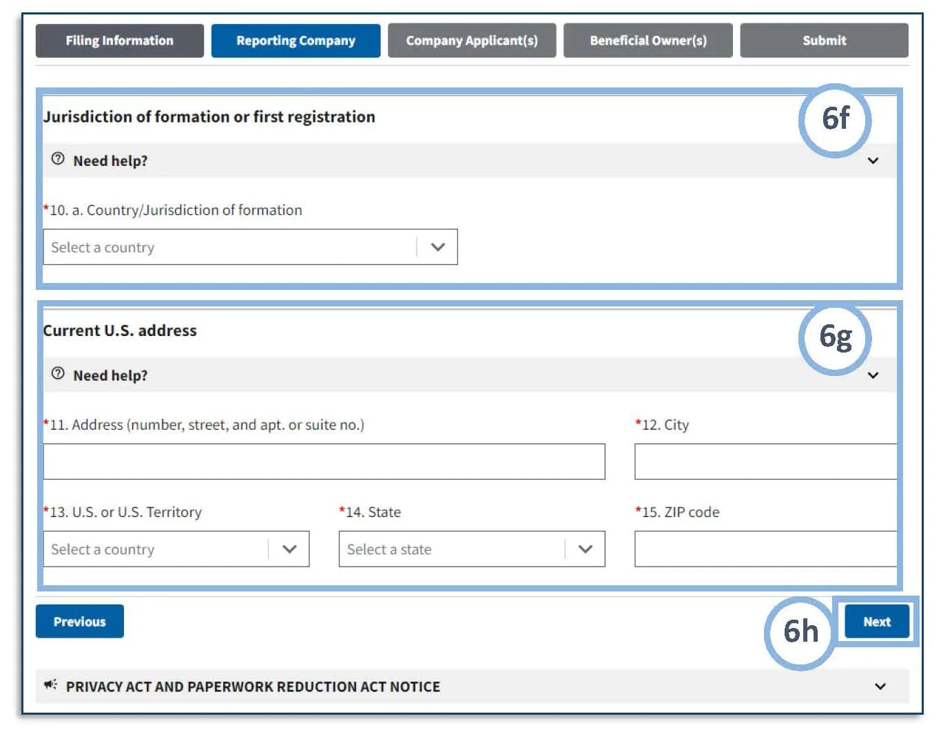 FinCEN BOIR online form, Reporting Company tab, with fields for country or jurisdiction of formation and the current US address: street, city, US or US territory, state and ZIP code.