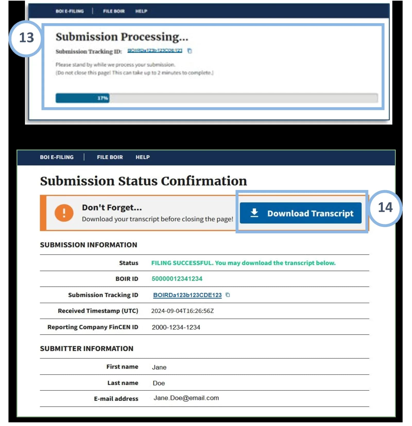 FinCEN BOI E-Filing Submission Status Confirmation page showing Filing Successful, a BOIR ID, a submission tracking ID, the received timestamp and a Download Transcript button, with FinCEN’s sample submitter Jane Doe.