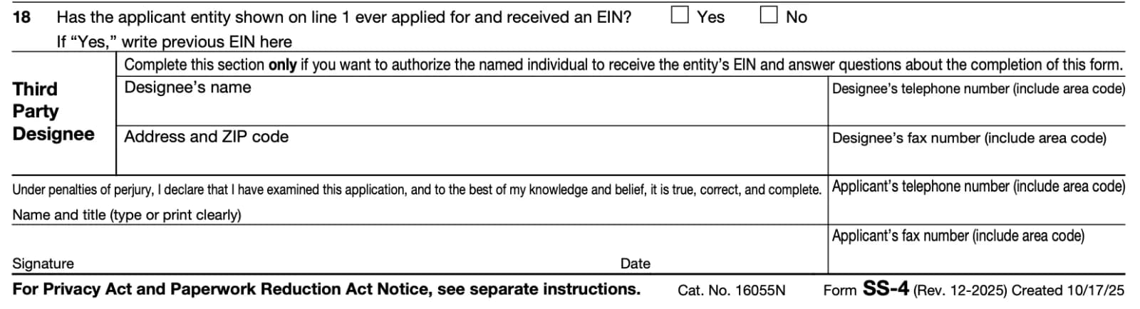 Bottom of Form SS-4: line 18, the Third Party Designee section with name, address, telephone and fax fields, and the signature block with name and title, signature, date and applicant fax number