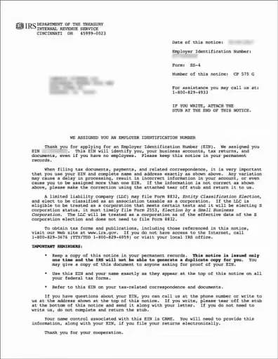 Example IRS CP 575 notice titled "We assigned you an Employer Identification Number", with the EIN, name, and address blurred