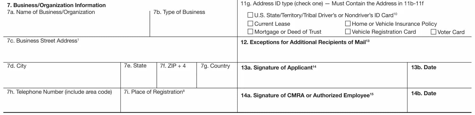 Bottom of PS Form 1583 page 1: item 7 business information with place of registration, item 12 exceptions for additional recipients, item 13a signature of applicant and item 14a signature of CMRA or authorized employee