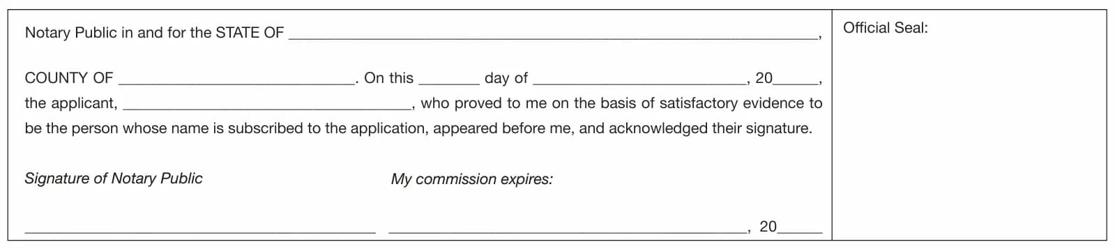 The Notary Public block at the bottom of PS Form 1583 page 2, with lines for state, county, date, the applicant’s name, the notary’s signature, commission expiry and an official seal box