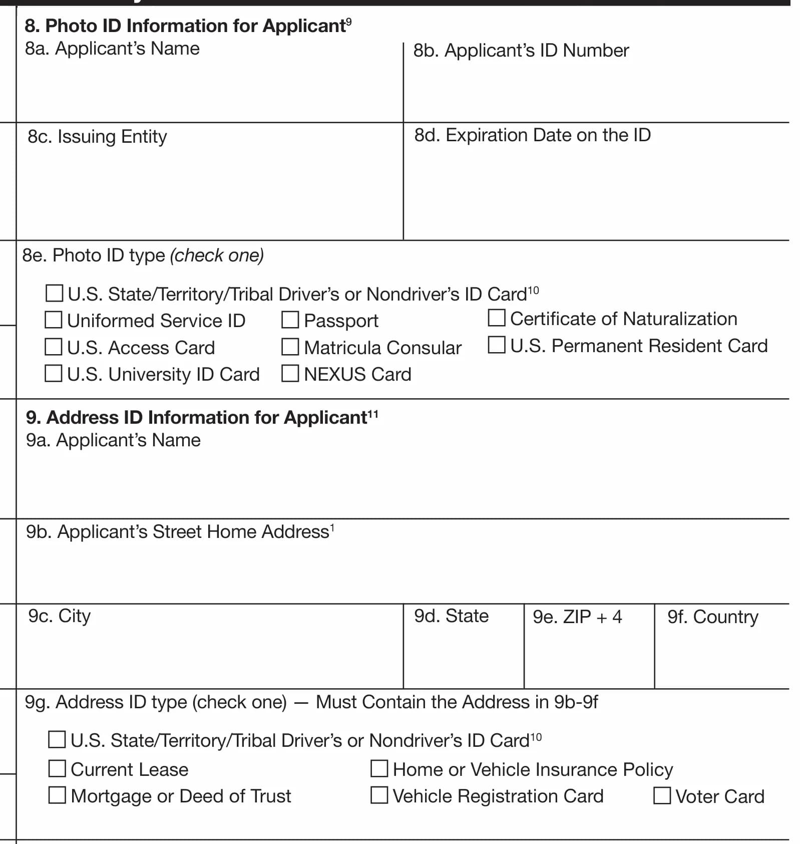 Items 8 and 9 of PS Form 1583: photo ID checkboxes including passport, driver’s license, Matricula Consular and NEXUS card, and address ID checkboxes including current lease, mortgage, insurance policy, vehicle registration and voter card