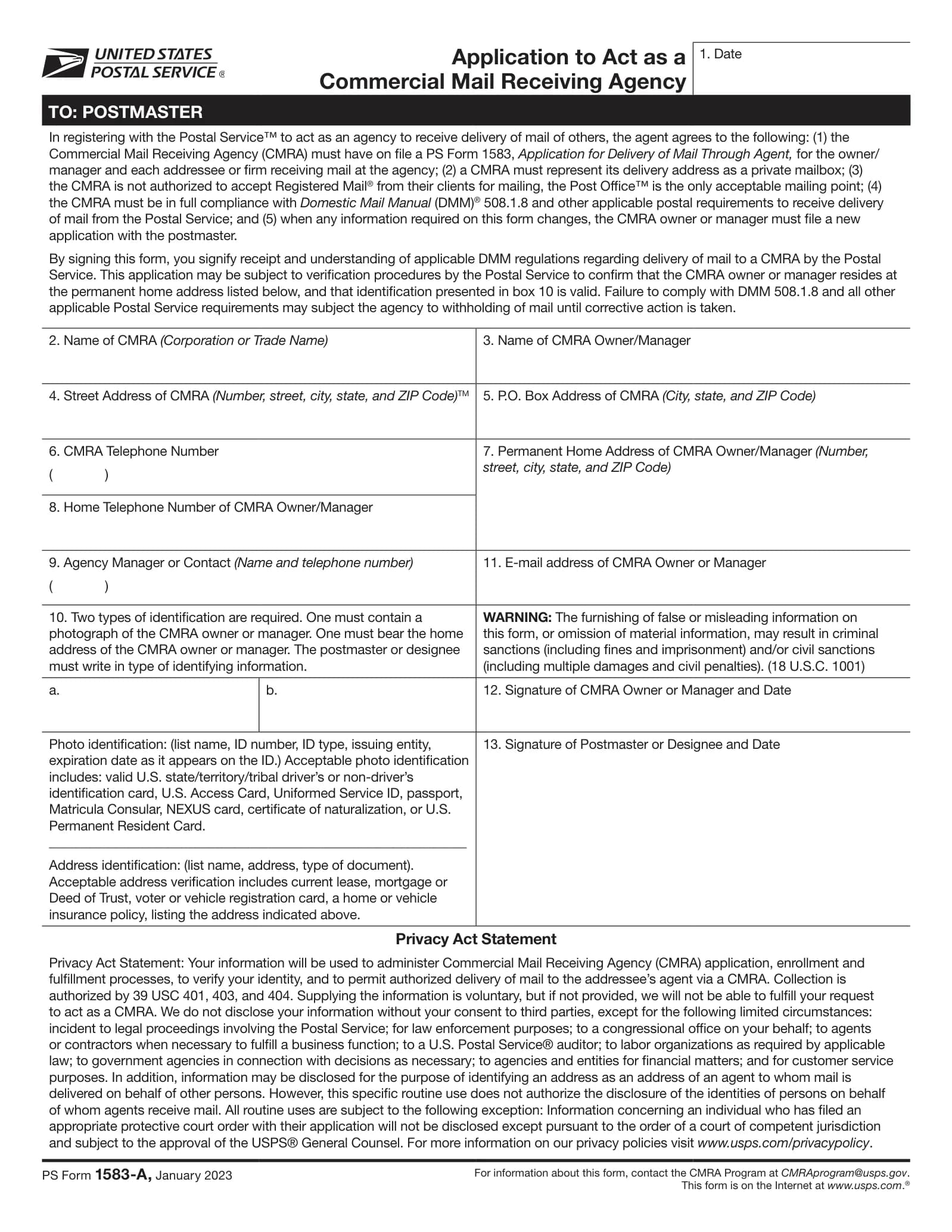 Blank USPS PS Form 1583-A, January 2023, addressed To: Postmaster, with the CMRA agreement, 13 numbered items, the identification box and the 18 U.S.C. 1001 warning