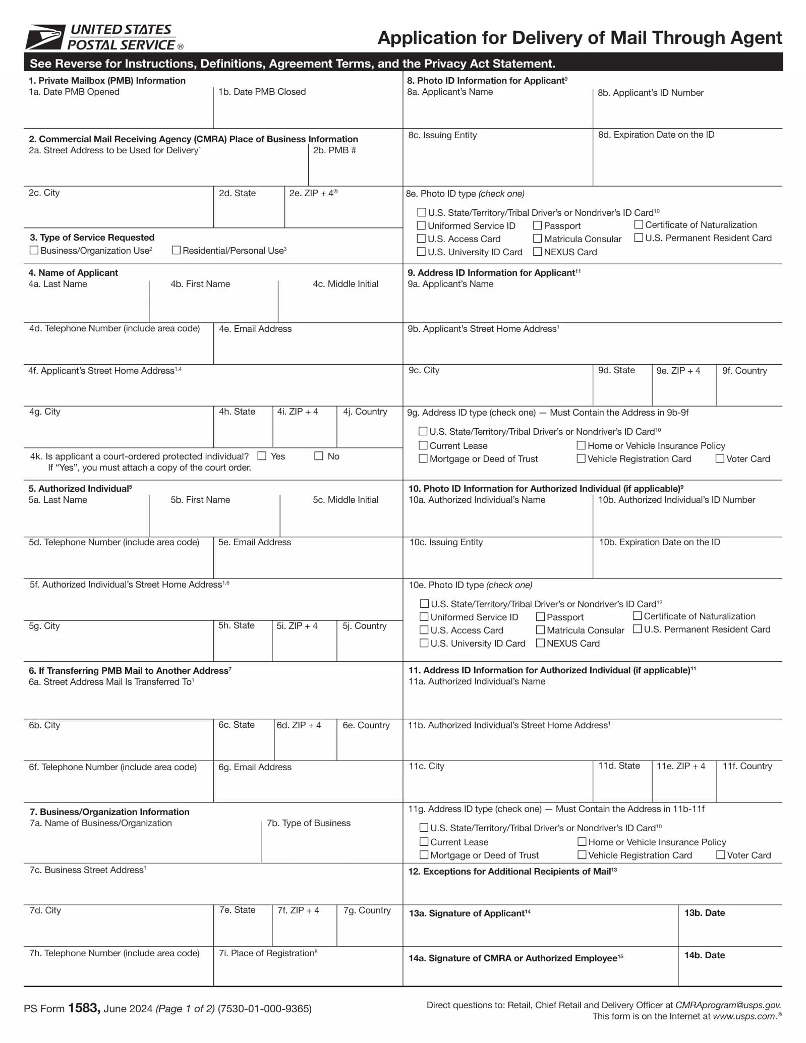 Page 1 of the blank USPS PS Form 1583, June 2024 edition, showing items 1 to 7 in the left column and items 8 to 14 in the right column