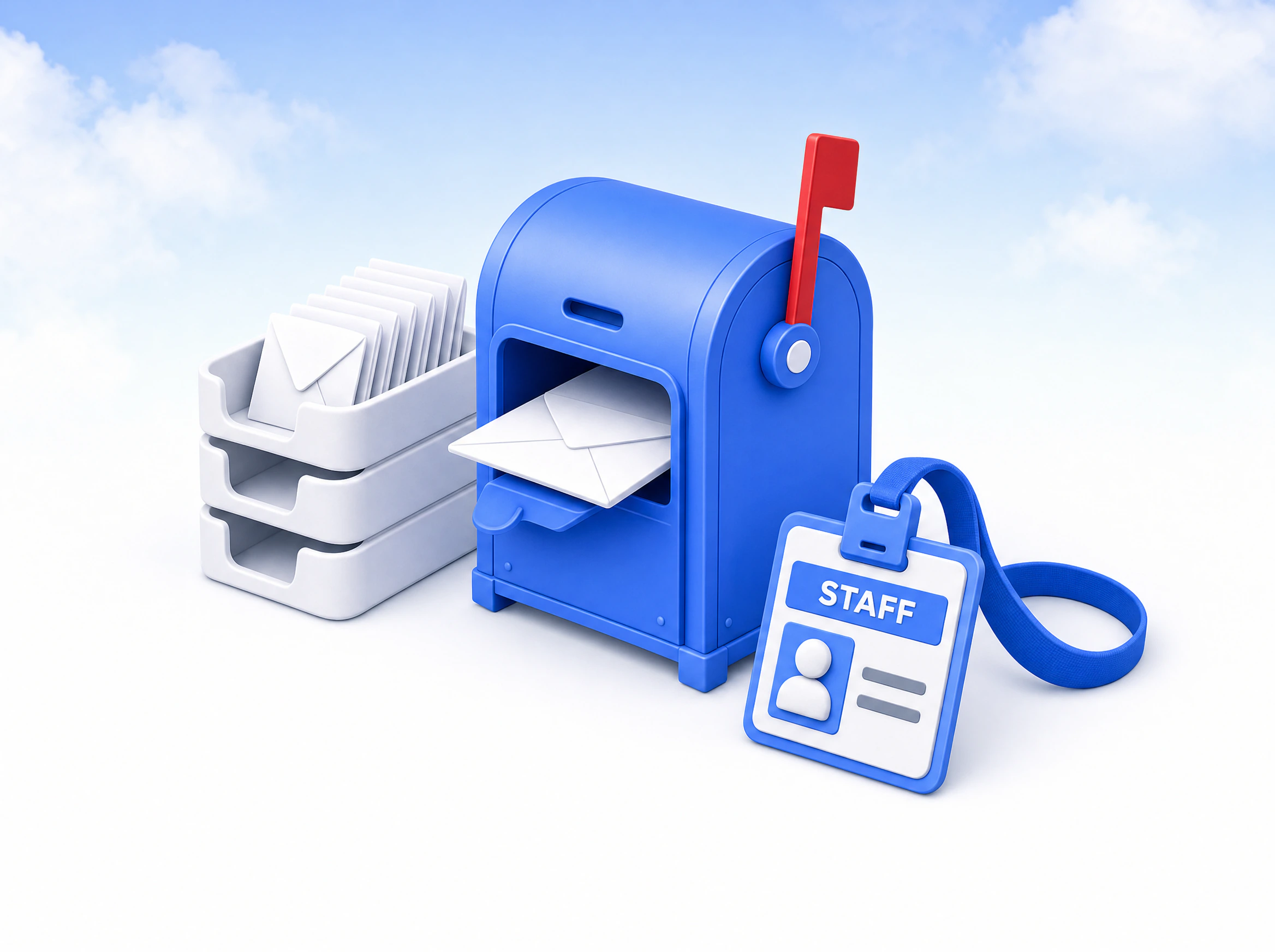 A blue curbside mailbox beside a stack of mail trays filled with envelopes and a staff ID badge on a lanyard