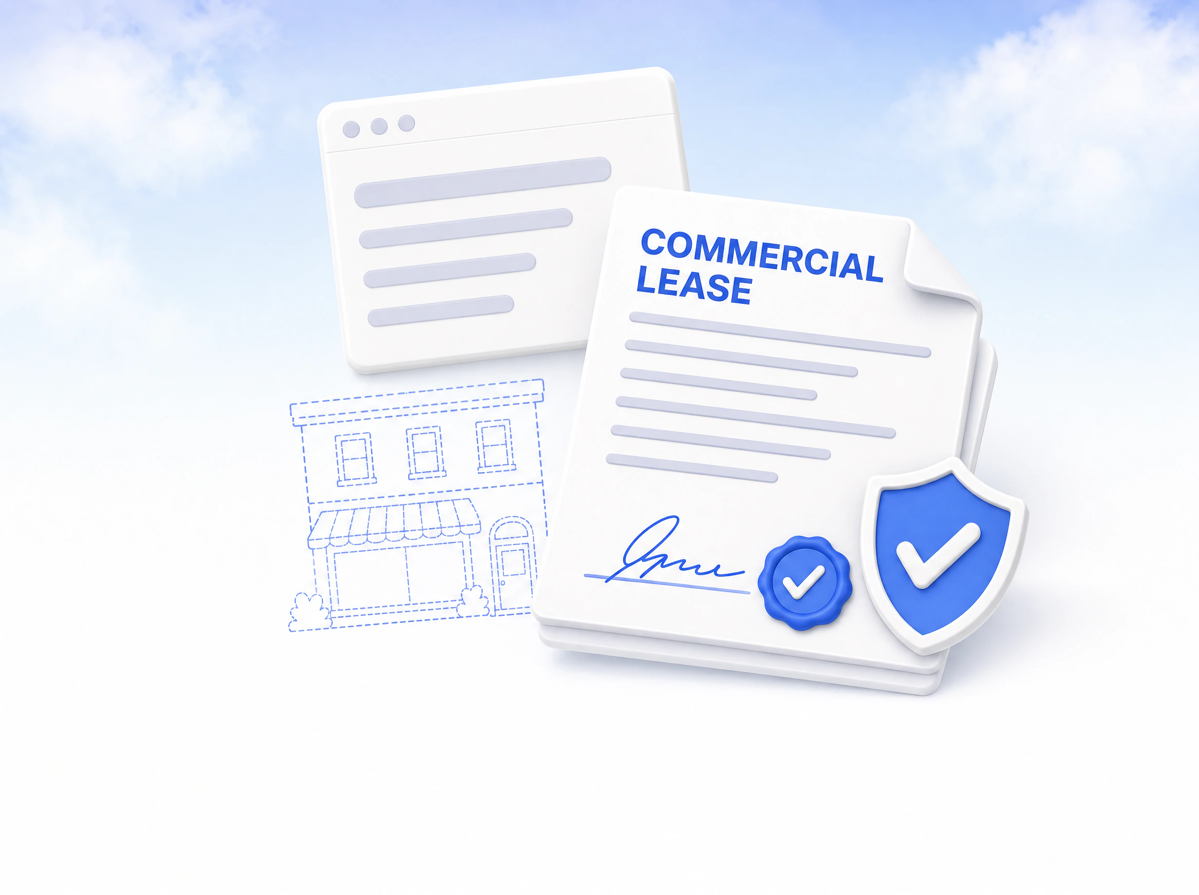 An empty app window floating over a dashed outline where a building should be, next to a signed and sealed commercial lease with a check-mark shield