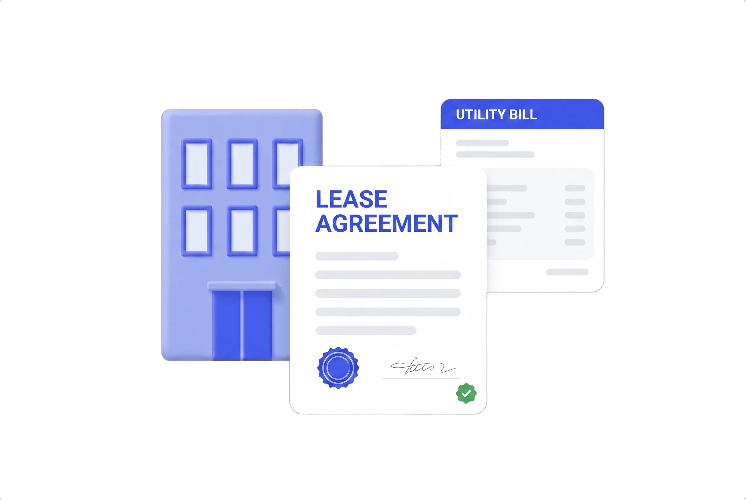 A periwinkle office building beside a signed and sealed Lease Agreement with a green check badge and a Utility Bill card