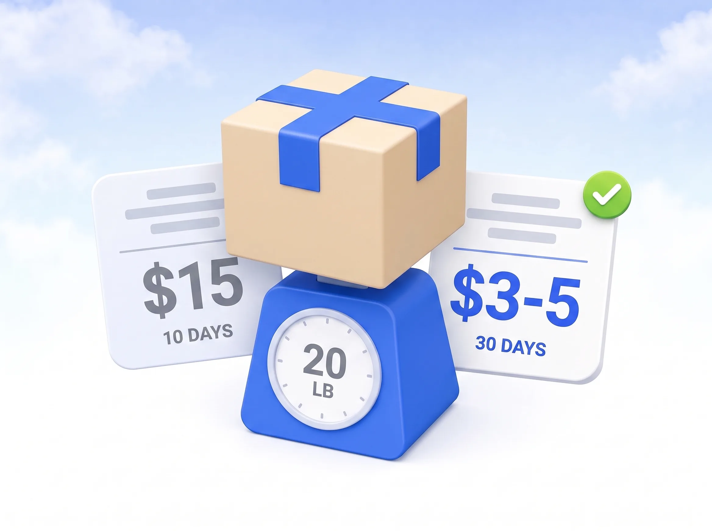 A large parcel box with cobalt tape sitting on a weighing scale, flanked by two price cards comparing a high per-pound storage rate with a lower one carrying a green check