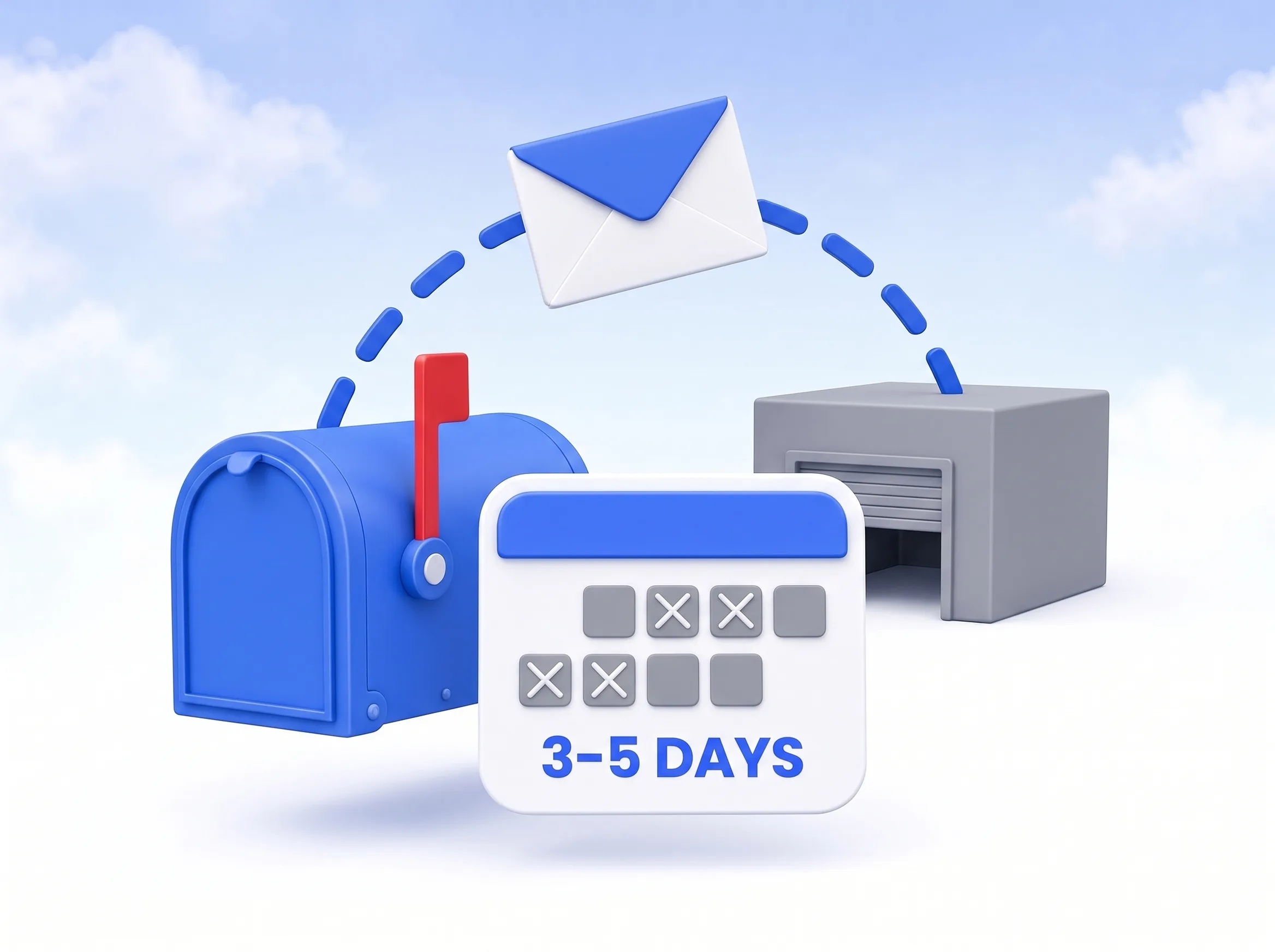 A letter travelling along a dotted route from a mailbox to a distant processing warehouse, beside a calendar showing several days crossed off