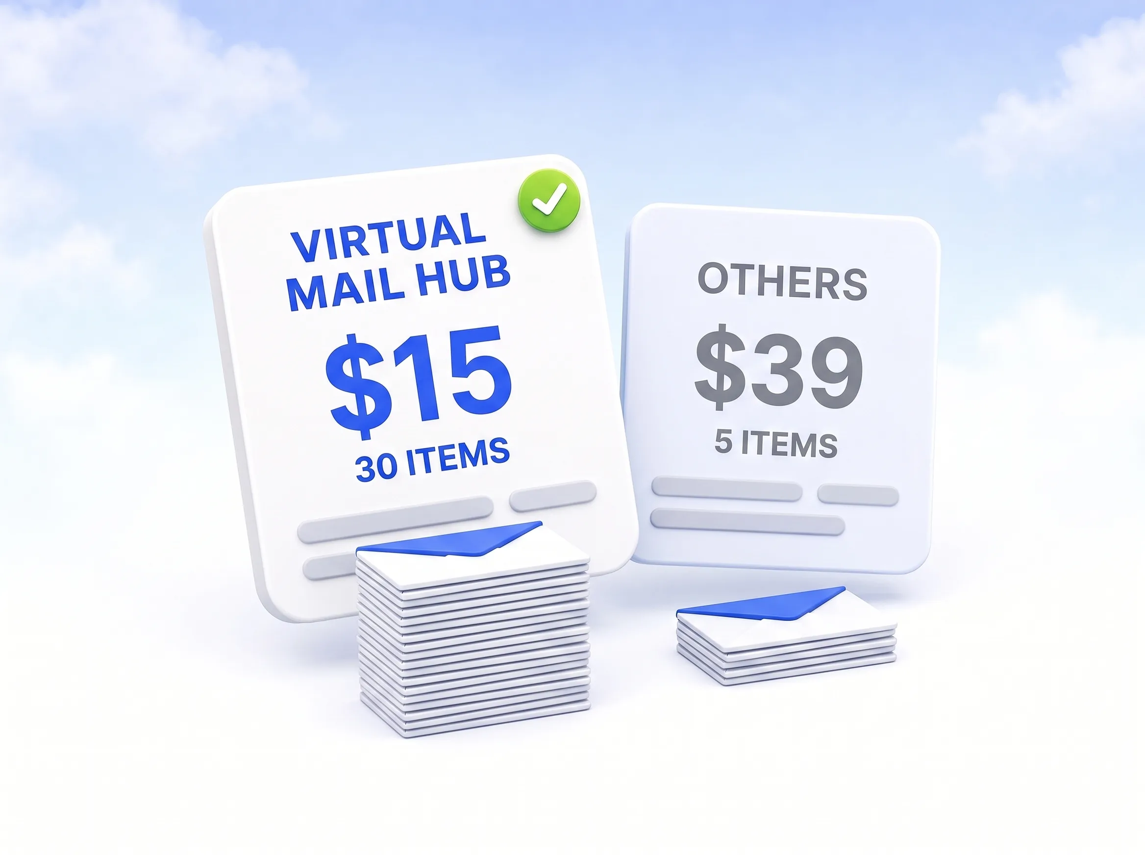 Two plan cards side by side, one showing five envelopes at a high price and one showing thirty envelopes at a low price with a check mark
